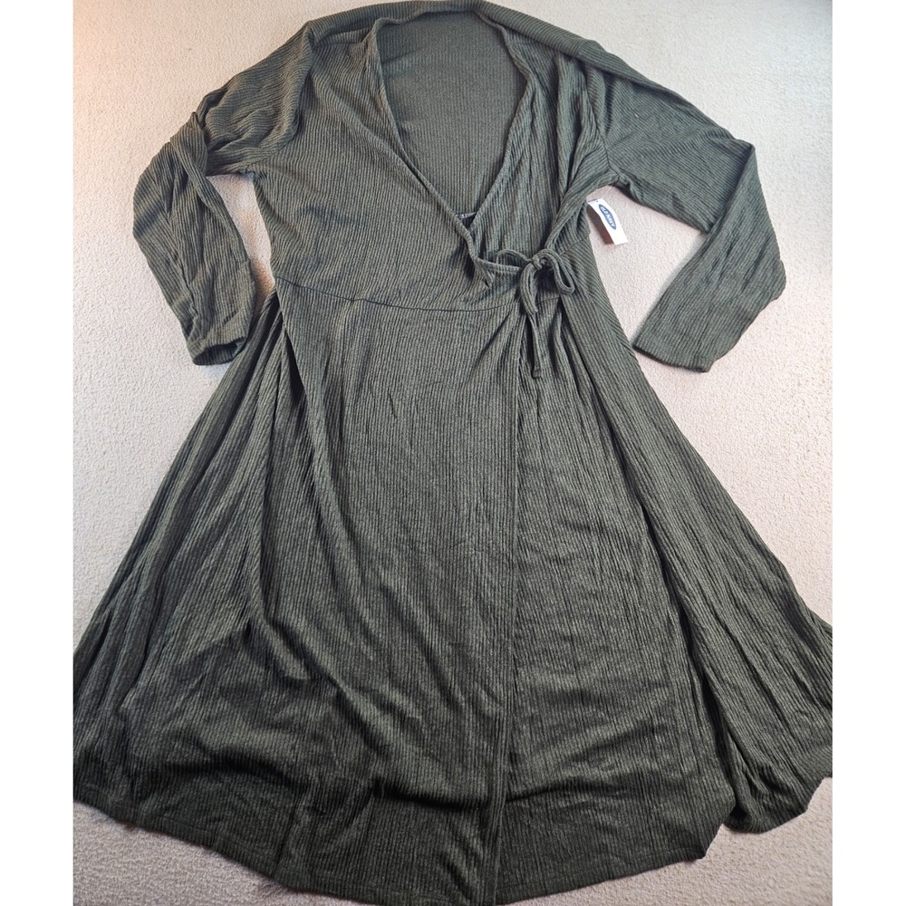 Old Navy Womens XXL Olive Green Ribbed Knit Wrap Tie Midi Dress NWT